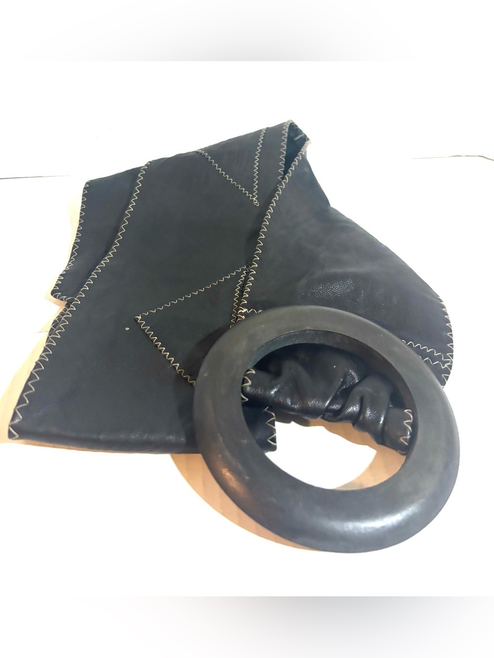Handmade Black Leather Circle-Handle Bag with Contrast Stitching